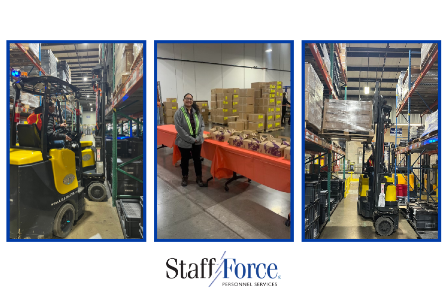 Three warehouse images showing; two showing an employee using safe practices; one with employee smiling at the camera