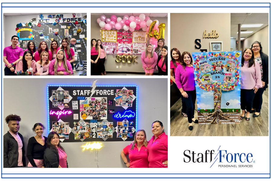 four images of Staff Force team members standing in their office around celebratory decorations