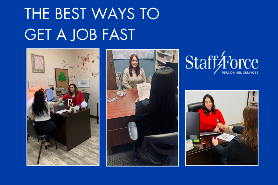 three images of people at a desk interviewing. Text "The Best Ways to Get a Job Fast"