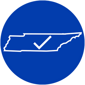 A blue circle holding the Tennessee state outline with a checkmark in the middle.
